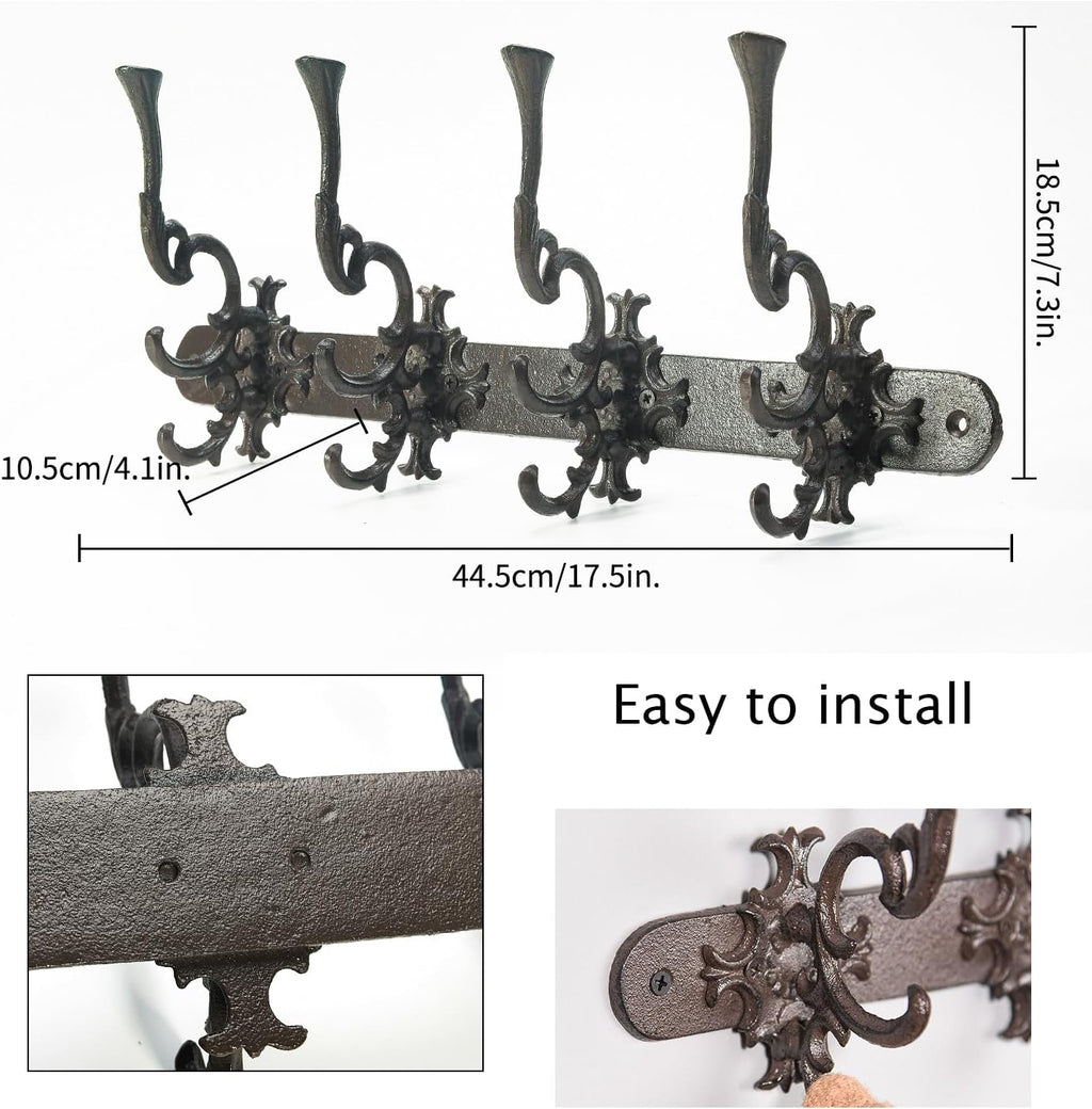 Sungmor Vintage Cast Iron Wall Hook Rack - Ornate 4-Hooks Coat and Hat Organizer - Heavy Duty Decorative Hanger for Entryway, Bathroom, or Mudroom - Retro Court Style & Rustic Bronze Finish