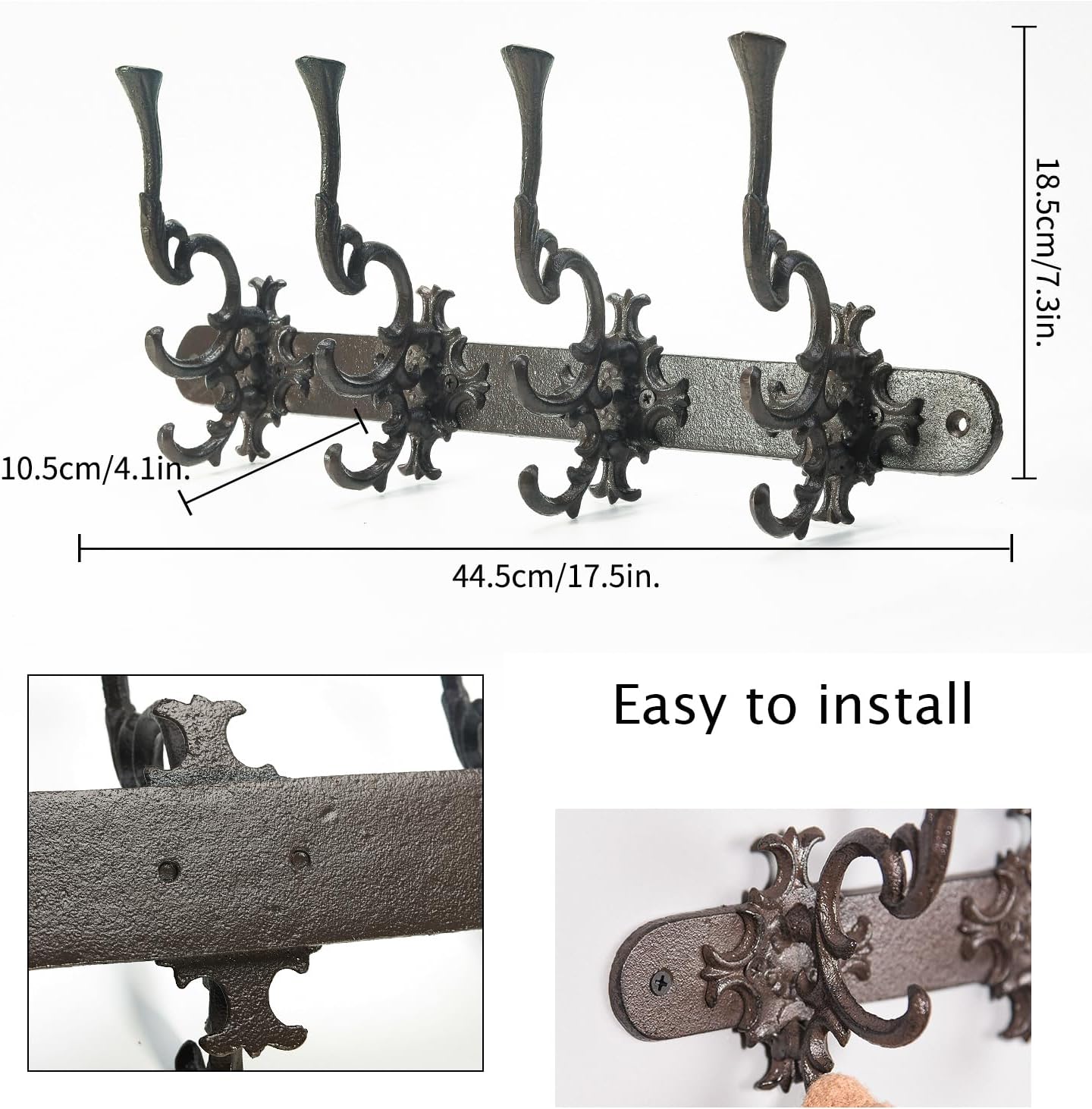 Sungmor Vintage Cast Iron Wall Hook Rack - Ornate 4-Hooks Coat and Hat Organizer - Heavy Duty Decorative Hanger for Entryway, Bathroom, or Mudroom - Retro Court Style & Rustic Bronze Finish