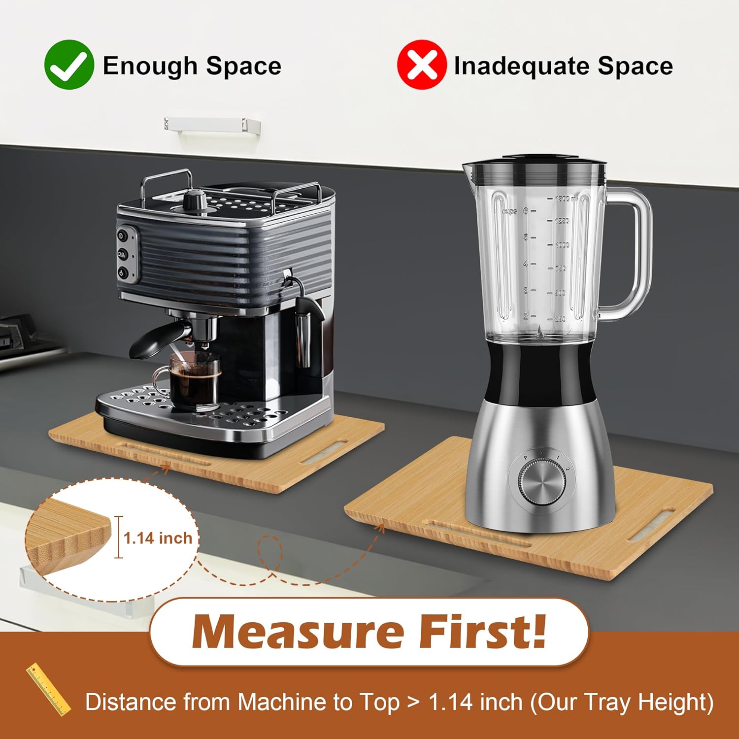 Joy&Grace Appliance Slider for Kitchen Appliances 360° Rolling Sliding Tray for Coffee Maker Countertop, Bamboo Coffee Pot Slider Rolling Tray (Natural, Large 16"x13")