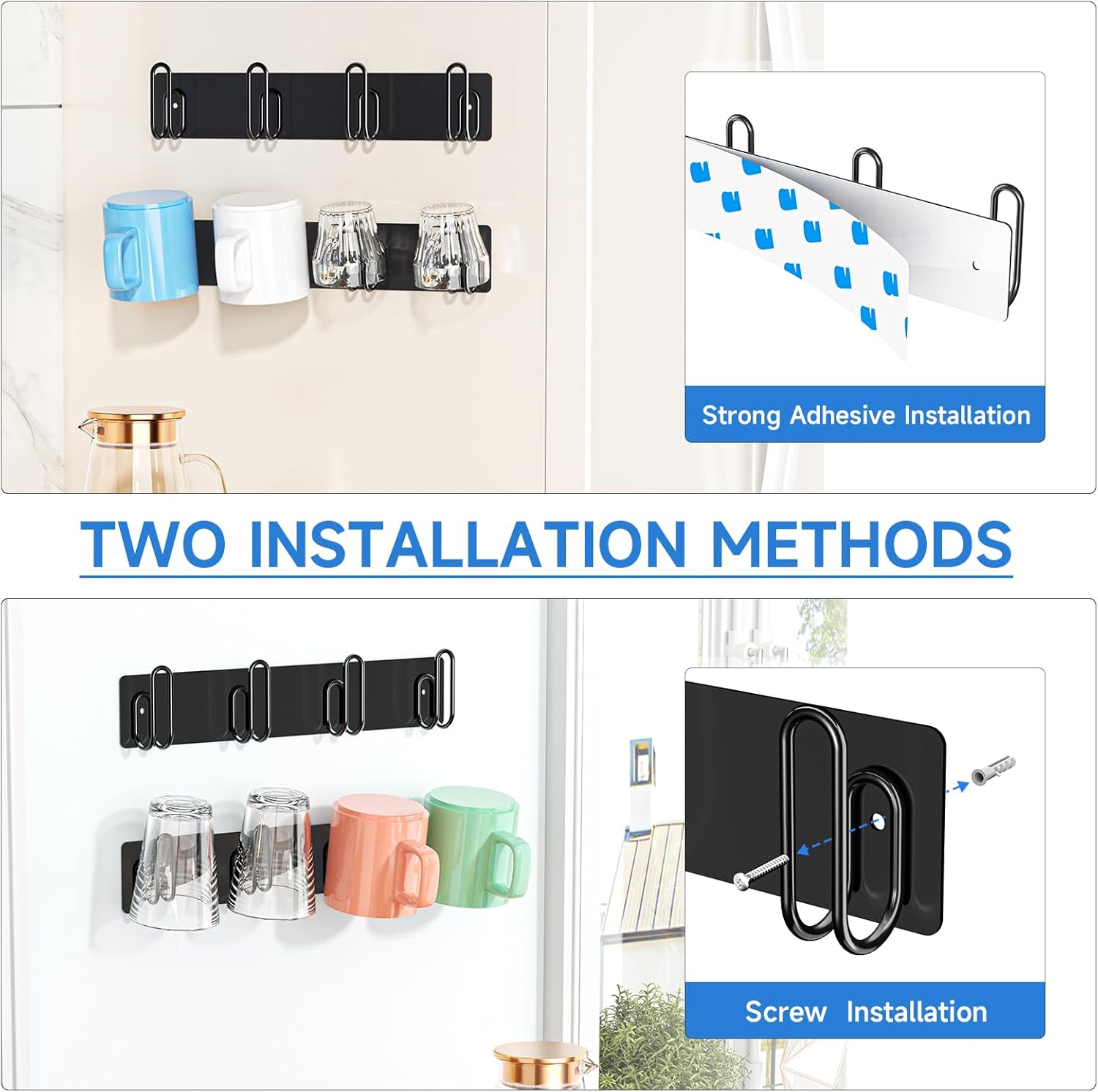 Mug Holder Wall Mounted, 2 Pack Black Coffee Cup Hooks, Metal Mug Rack for Kitchen, Modern Unique Cabinets Cups, Cup Holder Hanging Wall Hanger for Kitchen, Dining Room Coffee Bar