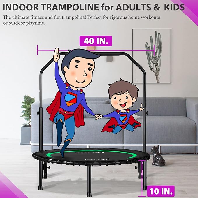 DARCHEN 400LBS Rebounder Trampoline for Adults, Indoor Mini Trampoline Silent Fitness Trampoline Small Bungee Rebounder Jumping Cardio Trainer Workout Exercise Workout with Handrail Bar [40 Inch]