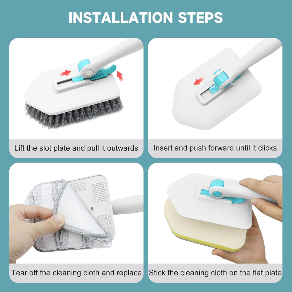 nacena Shower Scrubber with Long Handle, 4 in 1 Tile Tub Scrubber Brush with 3 Detachable Cleaning Heads and V-Shaped Grout Brush Shower Cleaner Brush for Bathroom Kitchen Toilet Tub Sink, Blue White