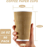 90 Pack 16 oz Disposable Coffee Cups No Lids, Champagne Insulated Ripple Wall Paper Coffee Cups 16oz, Kraft Corrugated Beverage Paper Cups for Hot Chocolate, Home, Travel, Office, Tea