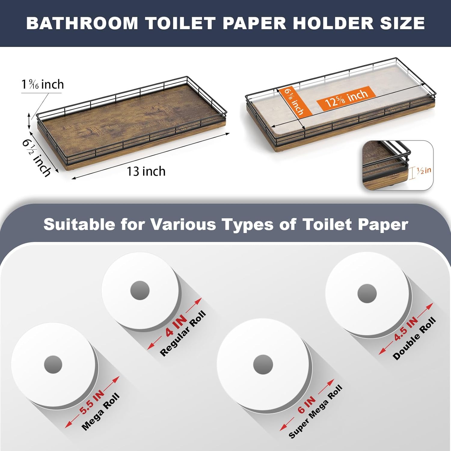 Bathroom Toilet Tank Tray, 13" Wood Storage Basket Back of Toilet Basket Organizer, Vanity Tray for Perfume Makeup Candle Kitchen Counter Coffee Table Bar Decor Rustic