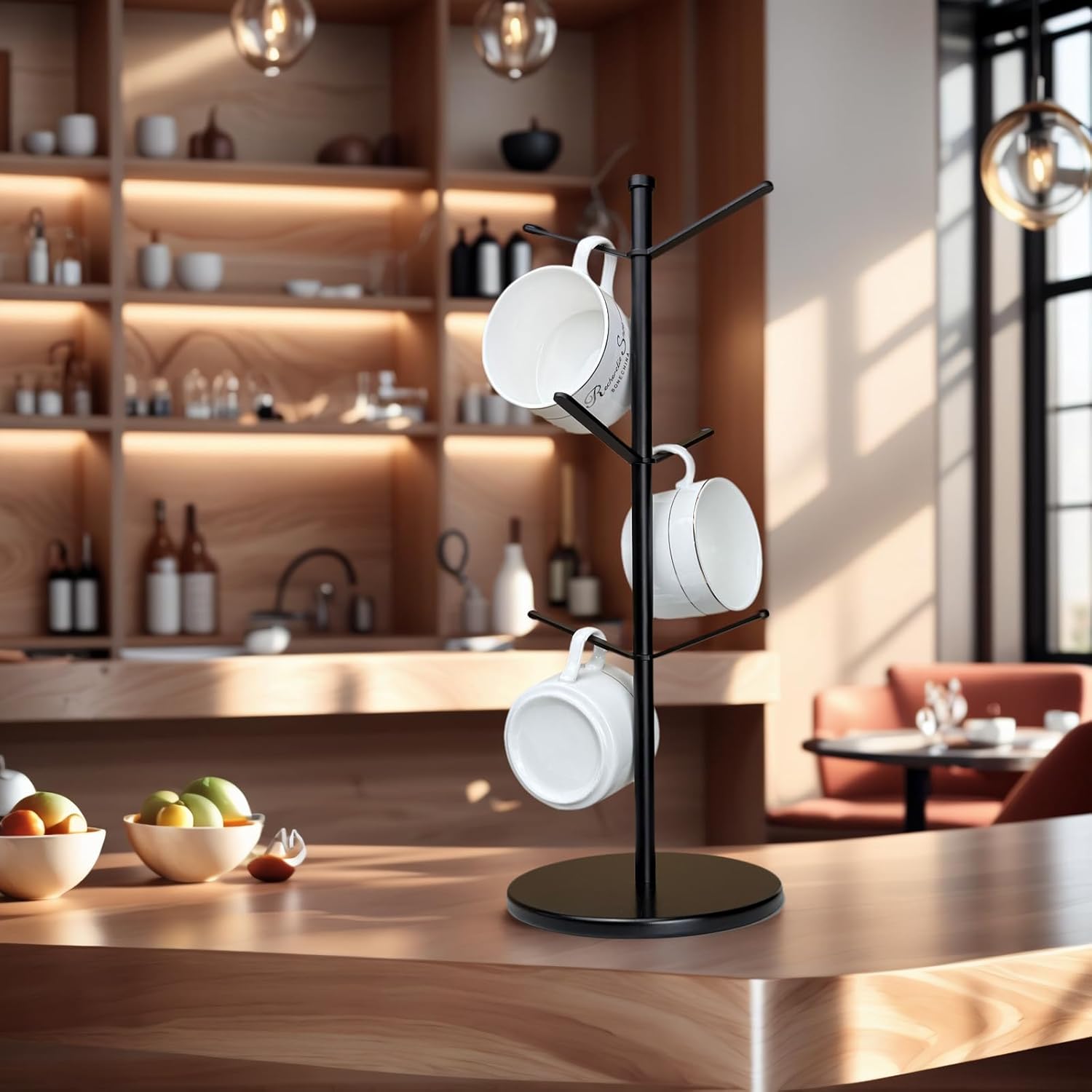 Premium Mug Tree, 6 Hooks Upgraded Stable Metal Mug Holder, Bamboo Base Coffee Mug Cup Rack for Counter Top, Mug Display, Home Storage and Cup Organizer, Black