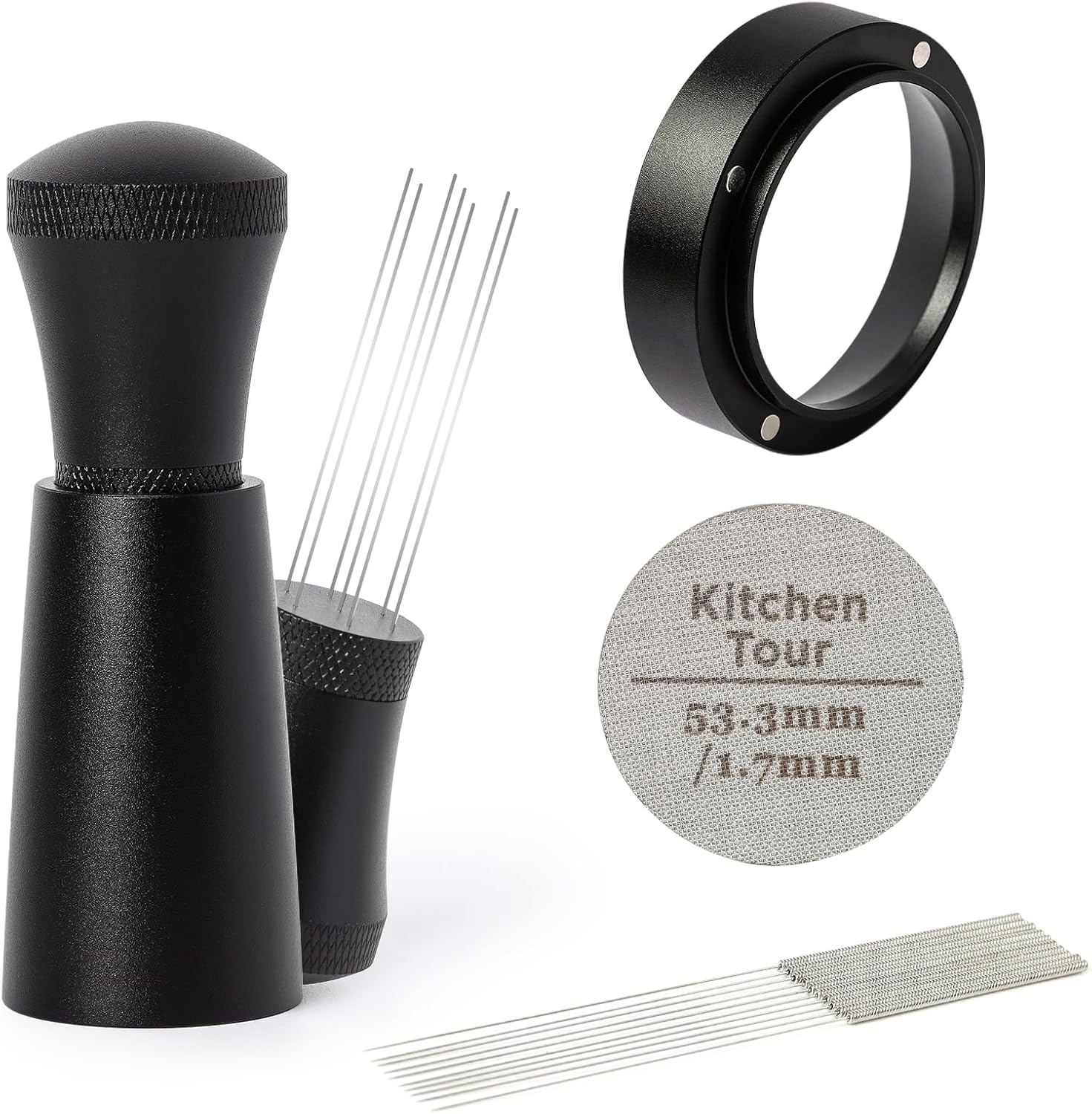 KitchenTour Espresso Accessories Kit 53.5mm, WDT Tool, Dosing Funnel and Puck Screen Set, 304 Stainless Steel Needle Coffee Distribution Stirrer, Portafilter Dosing Ring for Barista 53.5mm