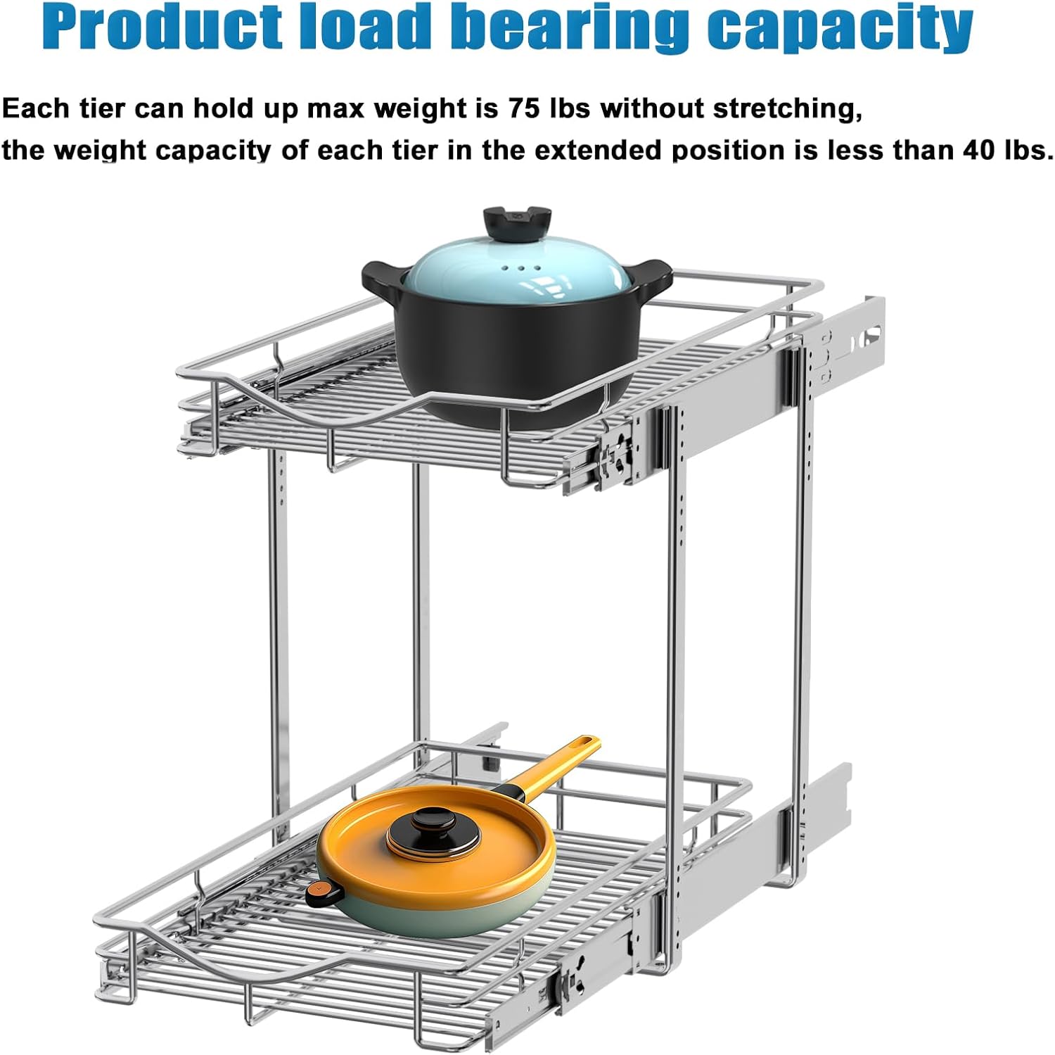 DINDON 2 Tier Pull Out Cabinet Organizer (11"W X 21"D), Double Tier Wire Basket Slide Out Shelf Storage for Kitchen Base Cabinet Organization for Kitchen, Pantry, Bathroom, Chrome