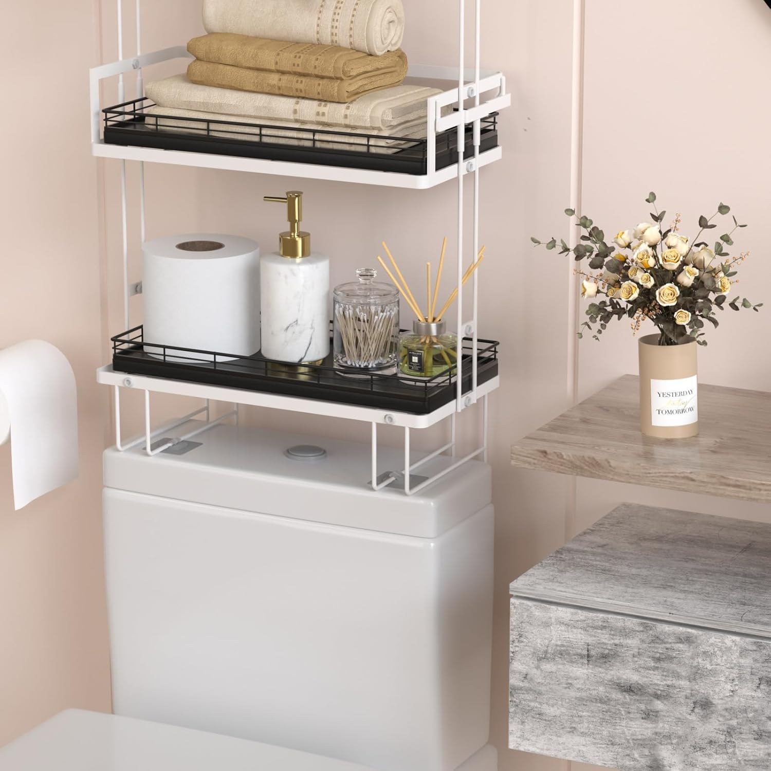 Oak Bathroom Toilet Tank Tray, 13" Wood Toilet Paper Storage Basket Back of Toilet Basket Organizer, Vanity Tray for Perfume Makeup Candle Kitchen Counter Coffee Table Black Tray Decor