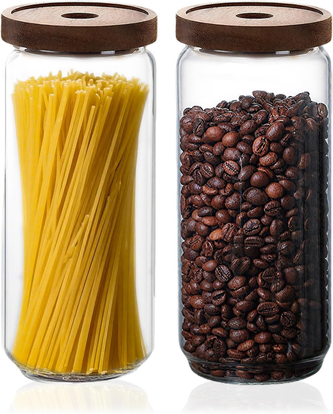 Glass Jars with Airtight Wood Lids - 34 oz Large Kitchen and Pantry Storage Containers, Canisters for Spaghetti, Noodles, Pasta, Ground Coffee, Sugar, Cereal, Set of 2