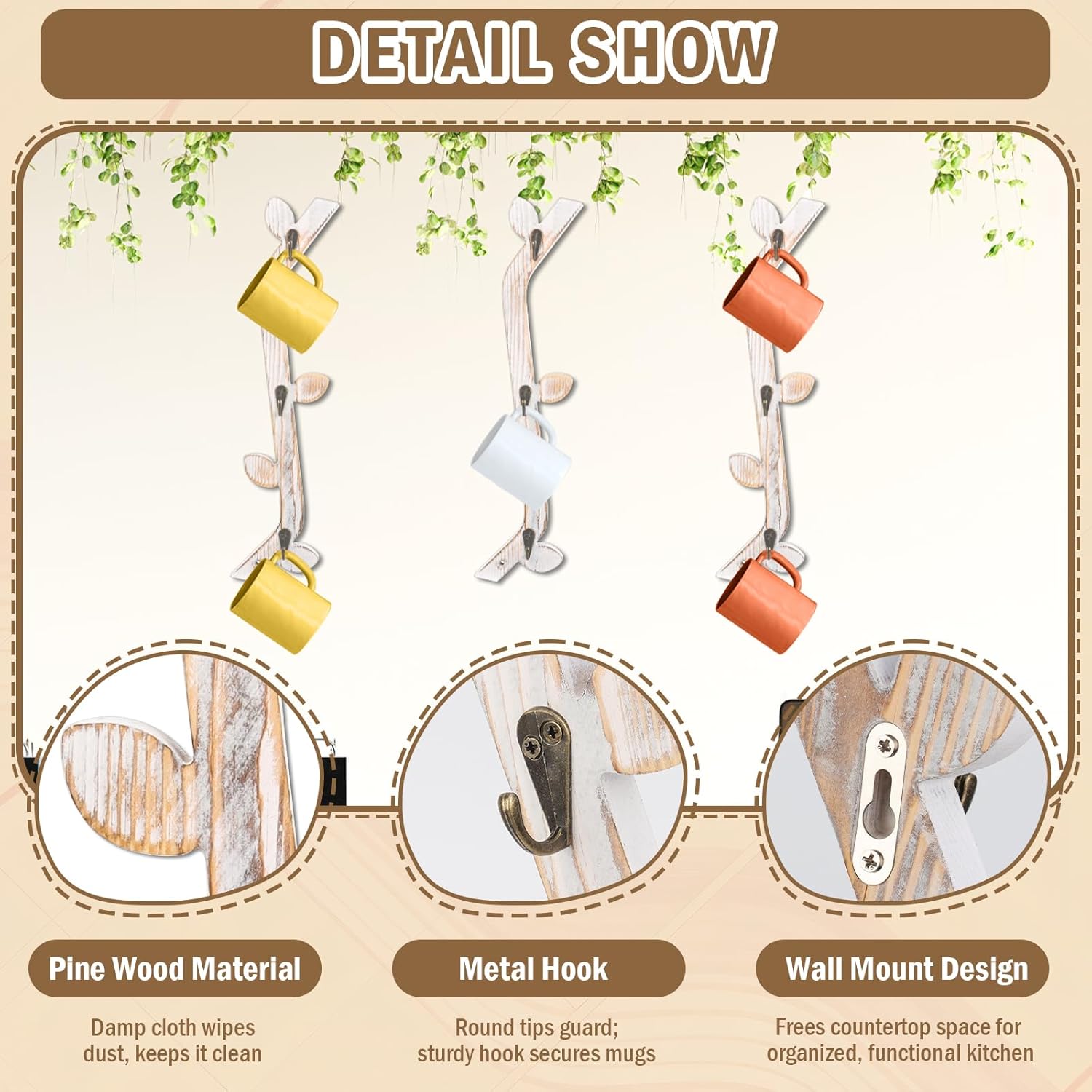 3 Pack Wood Coffee Mug Wall Rack with 9 Hooks Wall Mount Coffee Cup Holder White Espresso Cup Display Stand Tea Cup Hanger Display Wall for Kitchen Cafe Bar