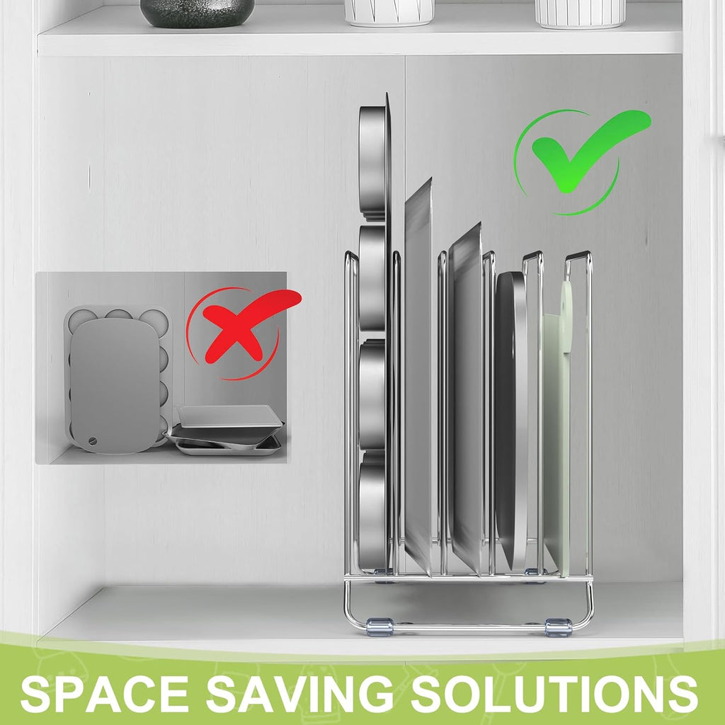 AKAZA 2 Pack-X-Large Kitchen Cabinet Organizer - Storage Tray Organizer Rack for Kitchen Cabinet - Divided Holder with 5 Slots for Skillets, Cutting Board, Baking Sheets(Chrome)