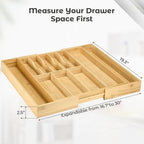 Fabsome Silverware Organizer for Cabinet Drawer, Expandable from 16.7'' to 30'' Wide Bamboo Wood Flatware Tray for Large Kitchen Drawers, Cutlery Utensil Holder