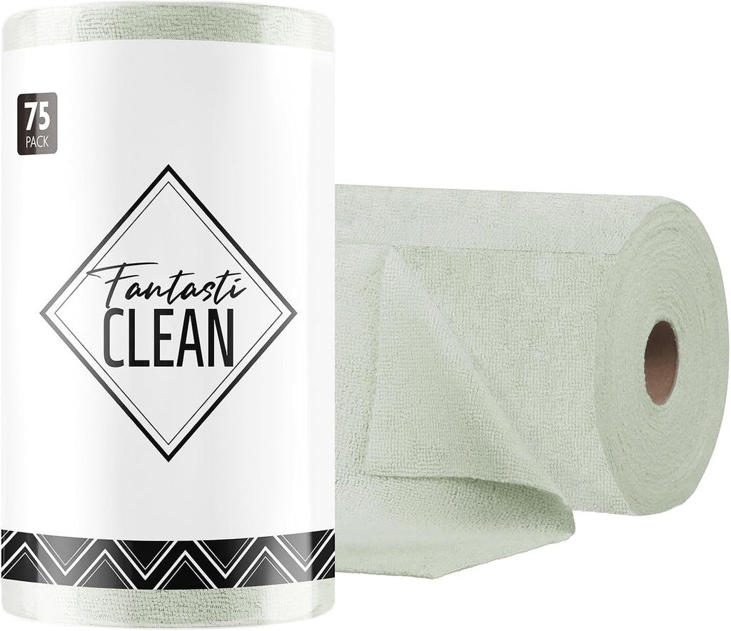 Fantasticlean Microfiber Cleaning Cloth Roll -75 Pack, Tear Away Microfiber Towels, 12" x 12", Reusable, Washable, Scratch Free, Ultra Absorbent Dishcloth for Home Supplies, Car, Pet (Moss Green)