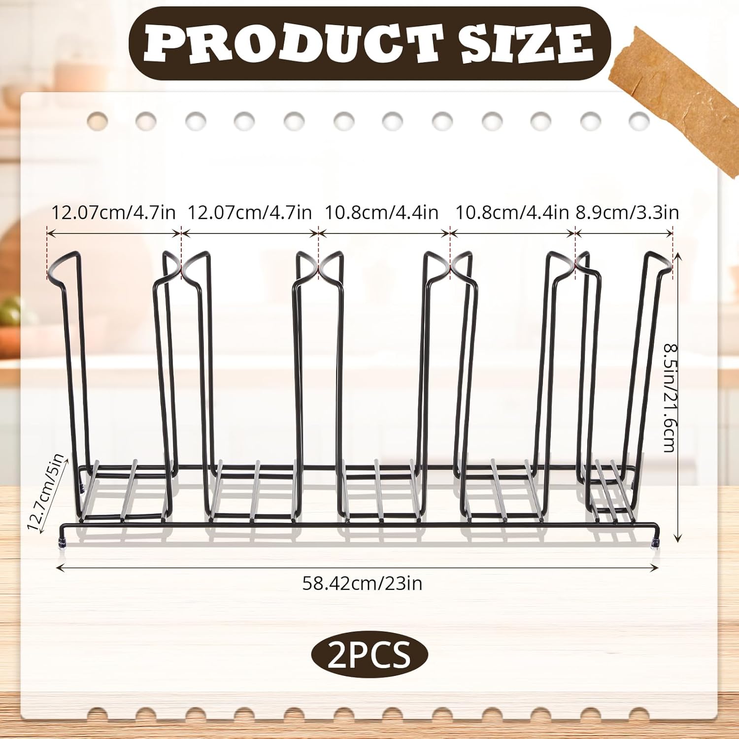 Maxdot 2 Pcs 5 Section Coffee Cup Organizers 23 x 5 x 8.5 Inch Wire Rack Coffee Cup and Lid Holder Black Iron Lid Dispenser Countertops Organizer for Kitchen Storage Essentials