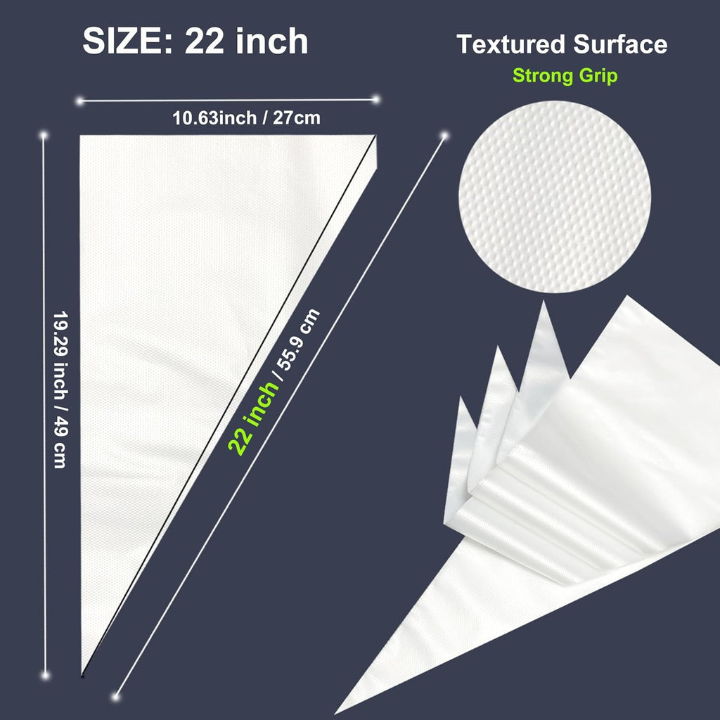 22 inch Large Piping Bags, AMBESTAR 200 Pcs Big Tipless Clear Plastic Disposable Pastry Bags for Frosting Decorating Cake Cupcake Cookie, Pro Long Thick Pastry Bag Essential Baking Tools