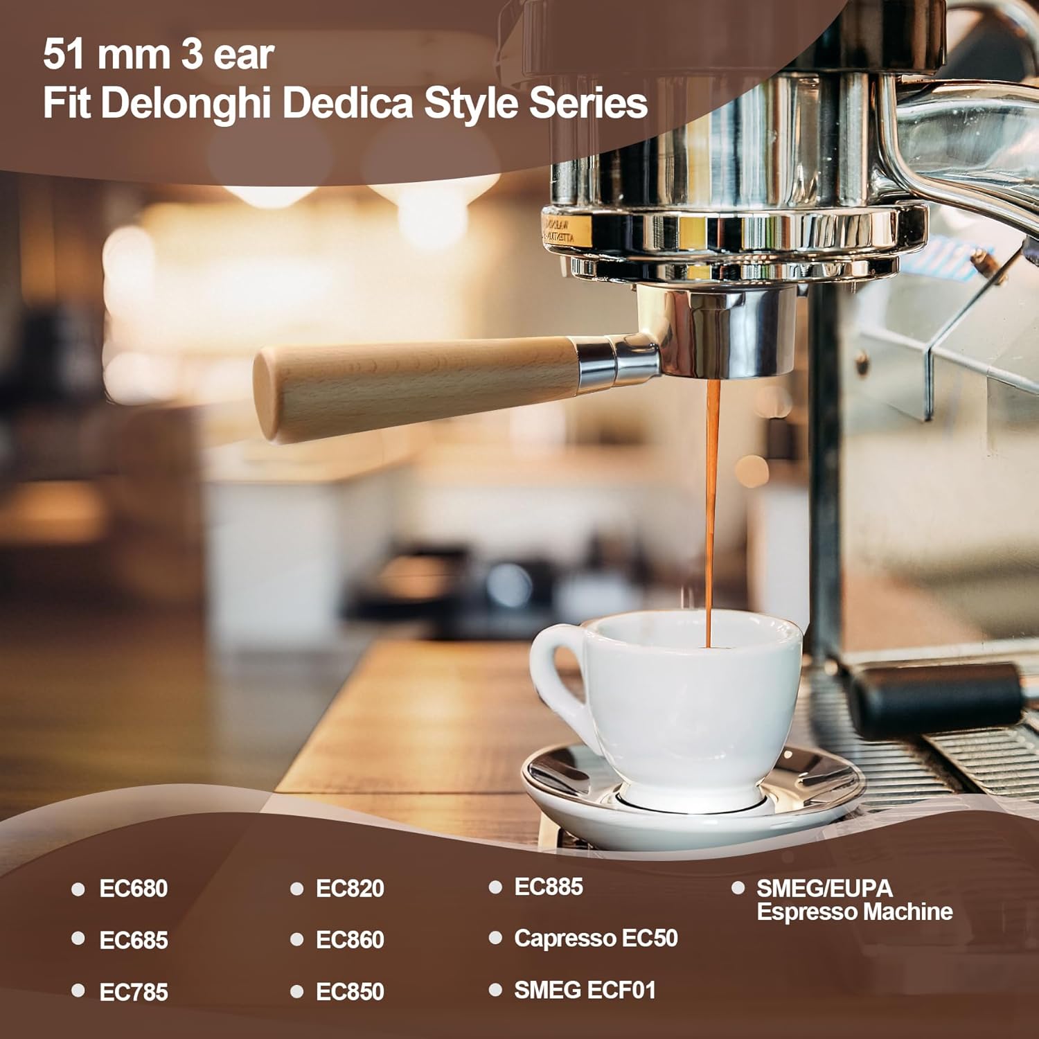51 mm Bottomless Portafilter with Puck Screen 3 Ears Espresso Portafilter Compatible with Delonghi Dedica EC680, EC685,SMEG & EUPA Coffee Machines,Stainless Steel Porta filter and Maple Handle