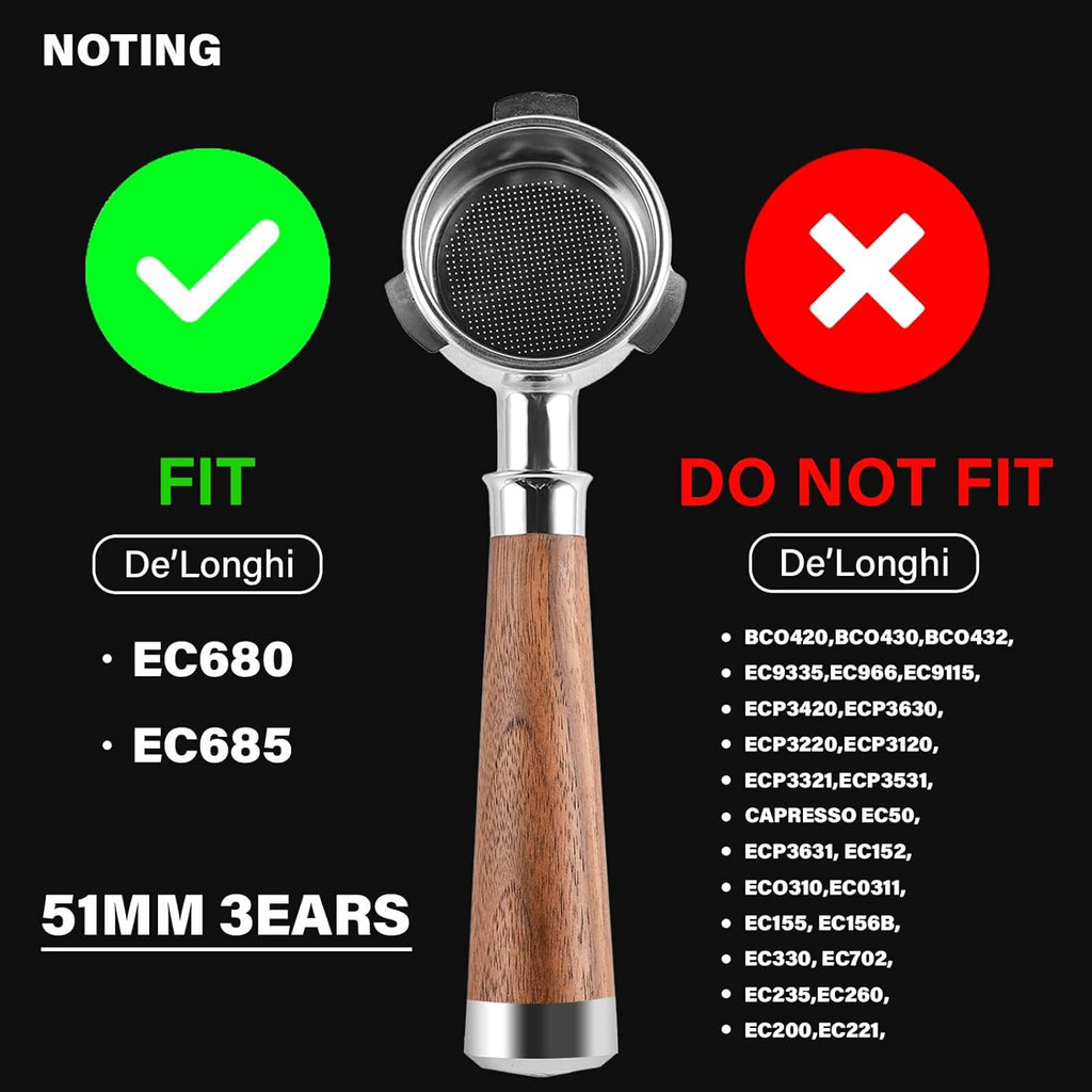 51mm Espresso Bottomless Portafilter with 3 Ear | Fits De’Longhi EC680 / EC685 Espresso Machine | Stainless Steel Basket and Walnut Handle | Espresso Accessories