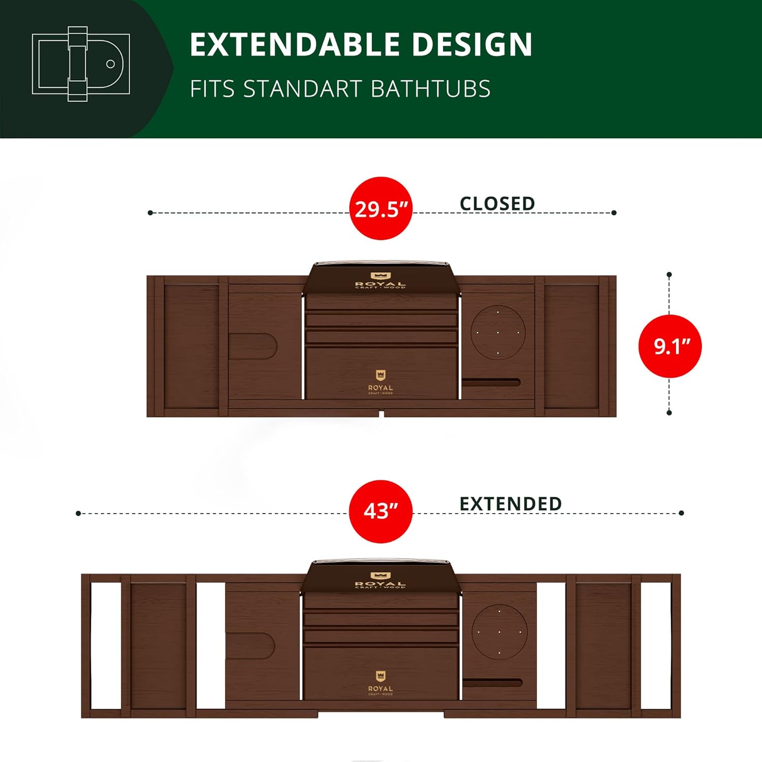 ROYAL CRAFT WOOD Non-Foldable Bathtub Tray - Wood Bath Tray for Tub, Bamboo Bathtub Shelf, Expandable Bath Table Trays, Luxury Bathroom Accessories for New Home & Unique Gift for Women