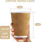120 Pack 12 oz Coffee Cups, Disposable Corrugated Insulated Ripple Wall Paper Coffee Cups 12oz for Hot or Cold Drinks Office Home Cafe Party Travel (Champagne)
