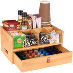 2-Tier Coffee Bar Organizer with Clear Acrylic Top, Built-in Drawer and Leather Handle Pull for Countertop, Stylish Coffee Station Storage Box for Accessories, Pods, Great Gifts for Home