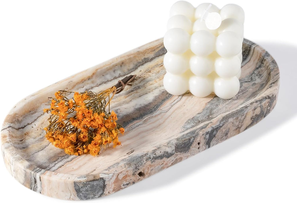 Koville 10"x5" Marble Vanity Tray for Bathroom Kitchen Countertop, Natural Marble Trays for Home Decor, Perfume Organizer Jewelry Dish, Stone Tray for Dresser, Decorative Candles Trays