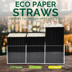 5.75 inch 8mm Wide Short Black Paper Drinking Straws Disposable for Lowball Glasses, Blended Cocktails, Margaritas, Bars, Restaurants - Unwrapped [250 Counts]