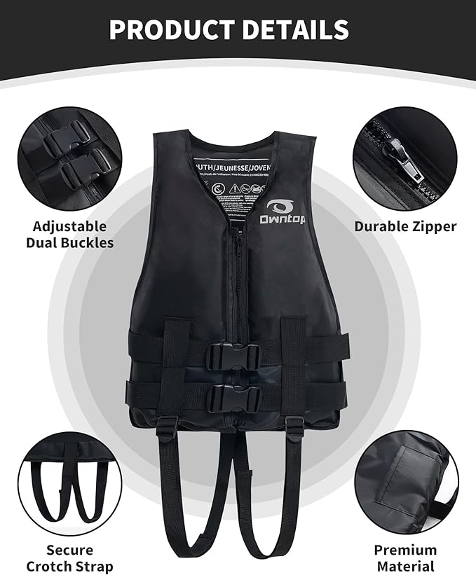 Owntop Kids and Adult Swim Jackets 50 to 125 lbs Dual Buckles, Zipper and Crotch Strap Ski Vest Lightweight PFD Perfect for Kayaking, Fishing, Paddle Board
