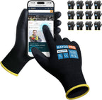 KAYGO Safety Work Gloves PU Coated for Men and Women, 12 Pairs KG11PB, Seamless Knit Glove with Two Fingers Touchscreen, breathable and lightweight Ideal for General Duty Work (Large,Black)