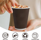 12 oz Coffee Cups Disposable, 100 Count Insulated Paper Coffee Cups, Corrugated Ripple Wall Design Paper Cup, Hot Cold Drinking Cup for Party, Picnic, Travel, Business, Home