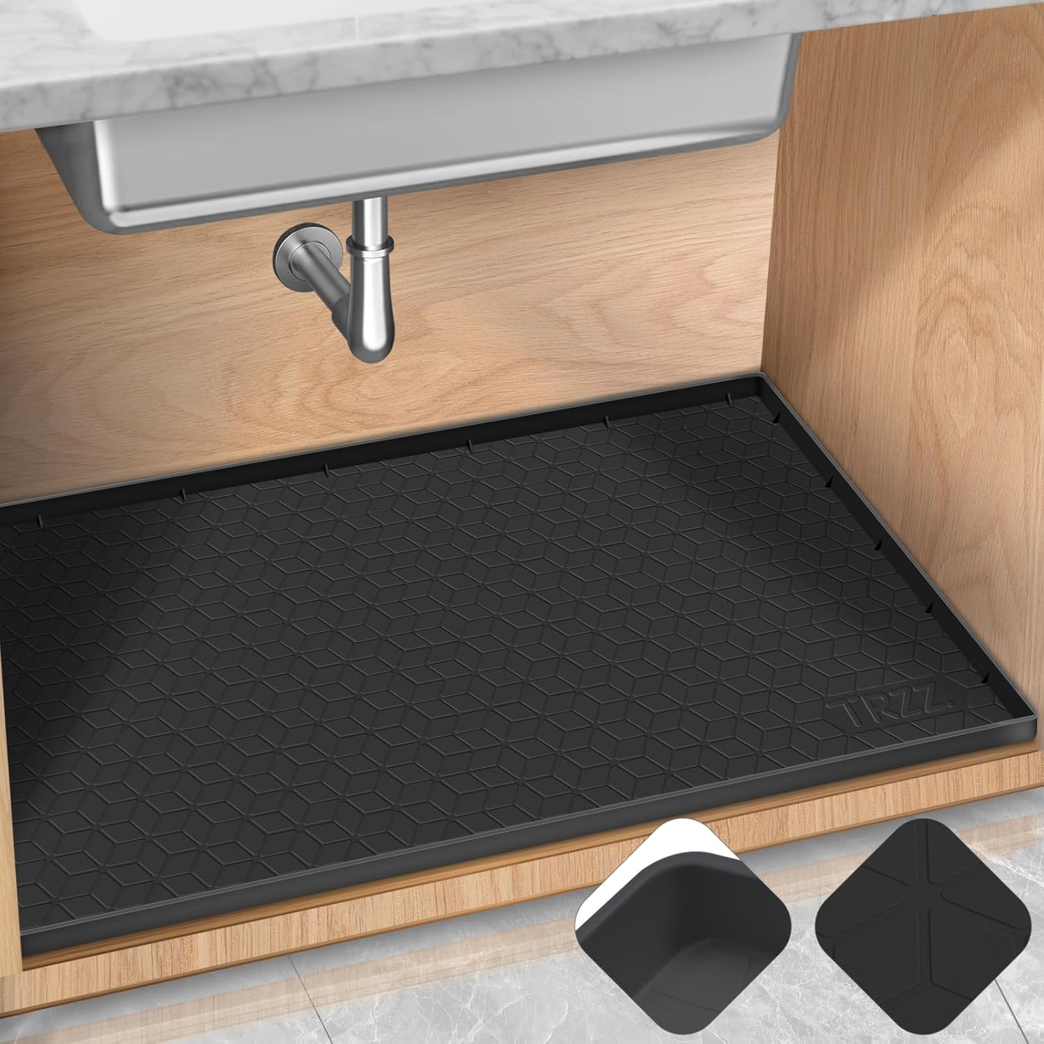 TRZZ Silicone Waterproof Under Sink Mat 34" x 22", Drip Tray and Cabinet Liner for Kitchen and Bathroom, Prevents Water Damage and Organizes Cabinets (Black)