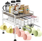 Coffee Bar Organizer Countertop, 2 Tier Mug Cup Holder Stand with 10 Hooks, 60 K Cup Coffee Pod Drawer with Mug Rack, Multifunctional Shelf Organizer for Kitchen, Grey