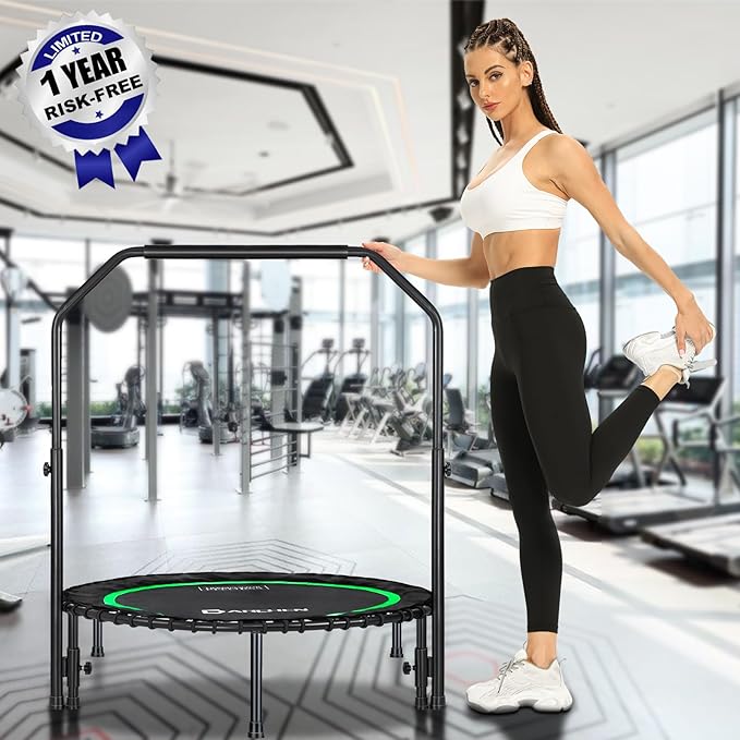 DARCHEN 400LBS Rebounder Trampoline for Adults, Indoor Mini Trampoline Silent Fitness Trampoline Small Bungee Rebounder Jumping Cardio Trainer Workout Exercise Workout with Handrail Bar [40 Inch]