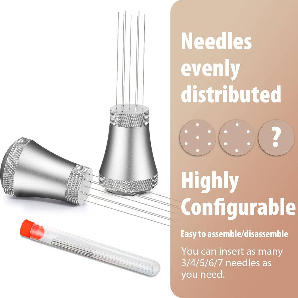 WDT Espresso Distribution Tool Espresso Stirrer Tools for Barista, 0.35mm 7 Needles Espresso Coffee Stirrer with Extra 7 Replaceable Needles, Aluminum Alloy Handle with Stand (Silver)