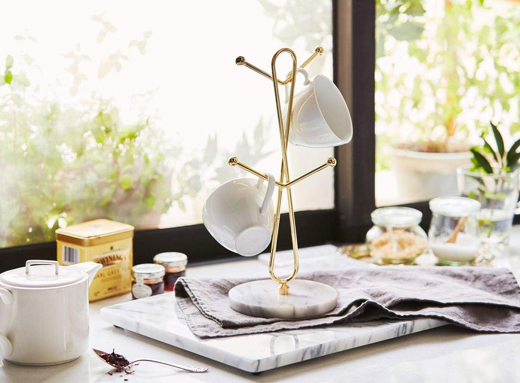 JEmarble Mug Holders with Copper Plated Standing - White Countertop Mug Tree, Coffee & Tea Cup Storage Rack, Coffee Counter Bar Accessory & Kitchen Organizer