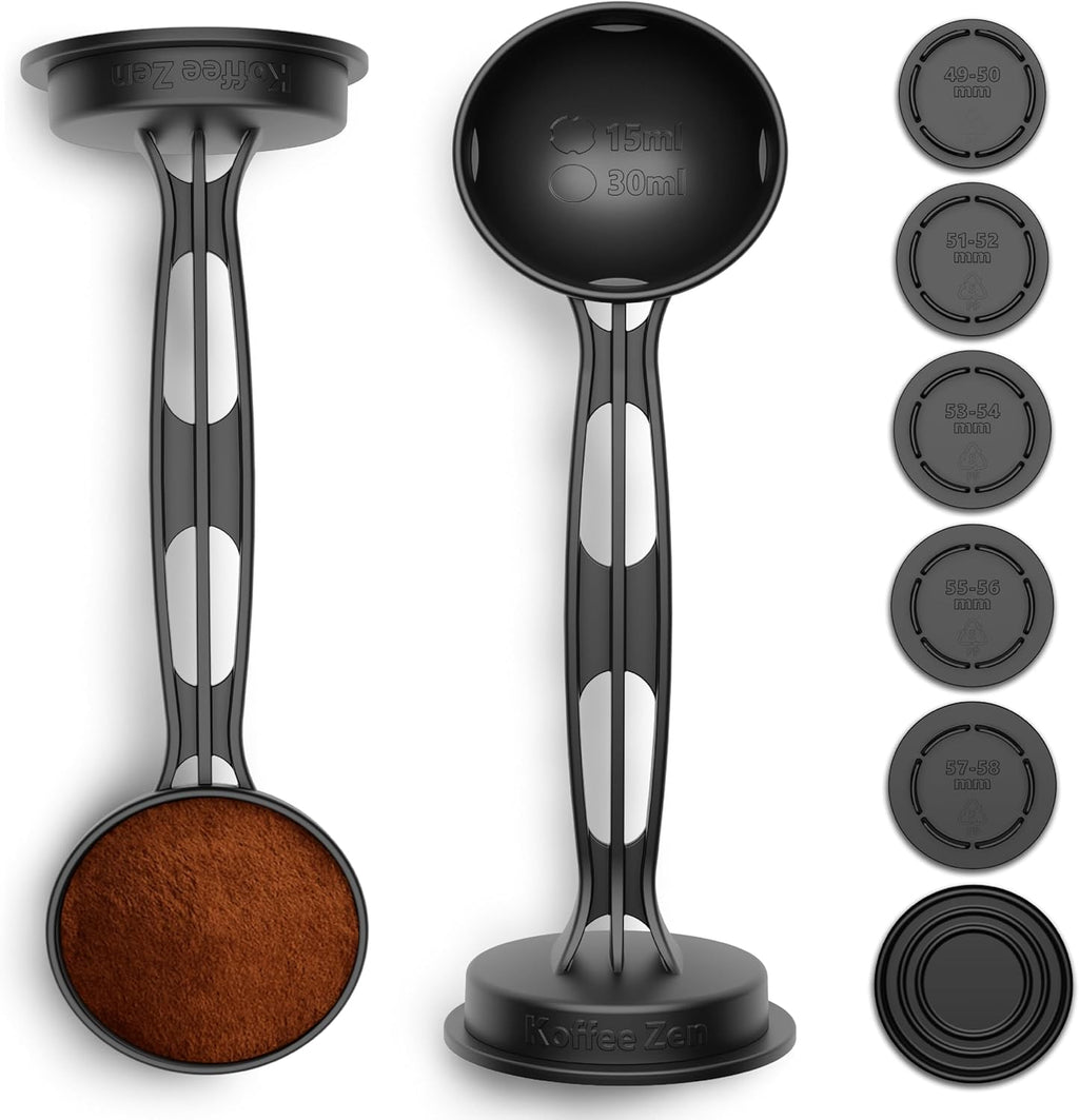 Koffee Zen Espresso Tamper Set, 5 Interchangeable Sizes (49–58mm), Dual Coffee Scoop (1 & 2 TBSP), Fits Breville, Delonghi & More