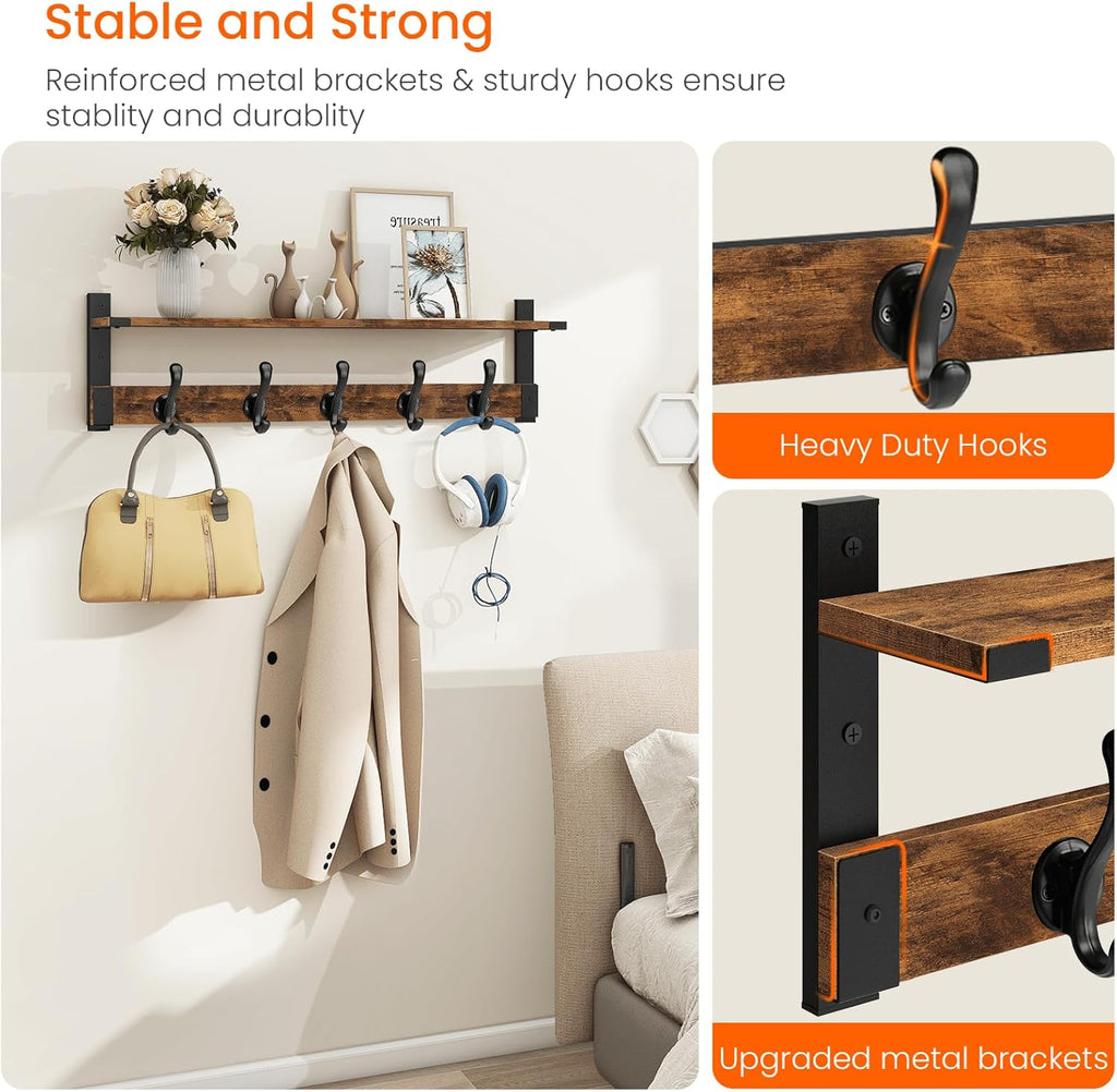 Homode Coat Rack Wall Mount, 29 Inch Long Shelf with Hooks, Wood Entryway Shelf with 5 Hangers for Hanging Hat Jacket Backpack Purse, Rustic Brown Black