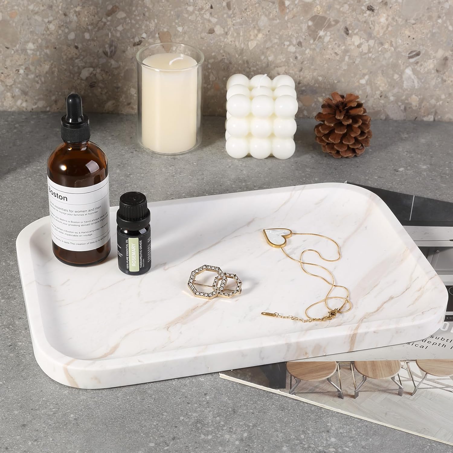 Marble Vanity Tray, Marble Bathroom Tray Countertop, Decorative Trays for Dresser Organizer, White Stone Storage Serving Trays for Kitchen, Perfume, Jewelry Cathall Holder
