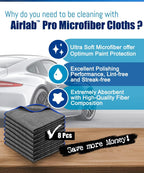 Airlab Microfiber Towels for Cars Wash Drying Auto Detailing, Highly Absorbent, Lint-Free, Streak-Free, All-Purpose Cleaning Cloths for Household, 16" x 16", Pack of 8, Grey