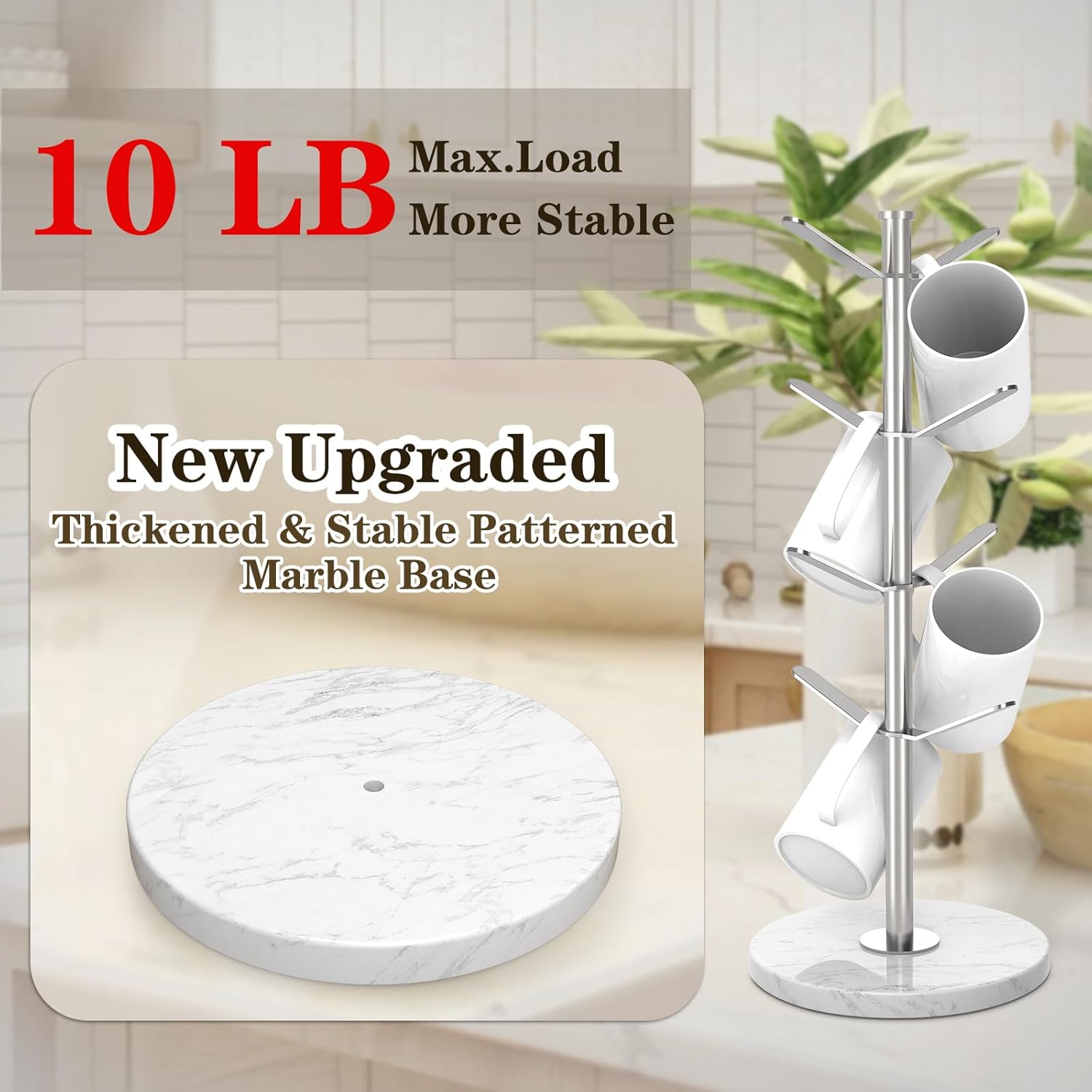 Marble Mug Holder Tree with 8 Hooks, Stainless Steel Coffee Cup Holder, Non-Slip Silicone Pads, Heavy Duty Marble Base, Countertop Organizer for Kitchen & Cafe, Silver