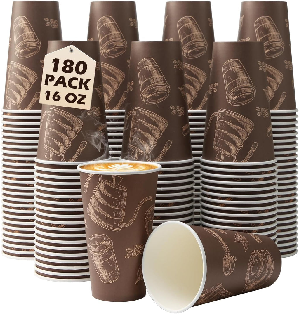 Paper Cups 16 oz 180 Pack, Disposable Coffee Cups, Dispoable Paper Drinking Cup for Coffee, Hot Cups for Party, Picnic, Travel, and Events