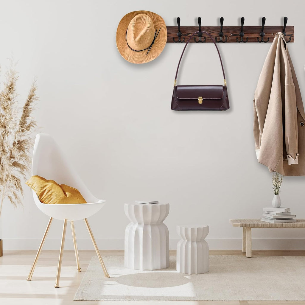 32.2'' Large Coat Rack Wall Mount Coat Hooks Coat Hanger with 8 Metal Black Triple- Hooks Brown Pine Real Wood Plank Hat Rack for Wall Hooks for Hanging Coat Hat Jacket