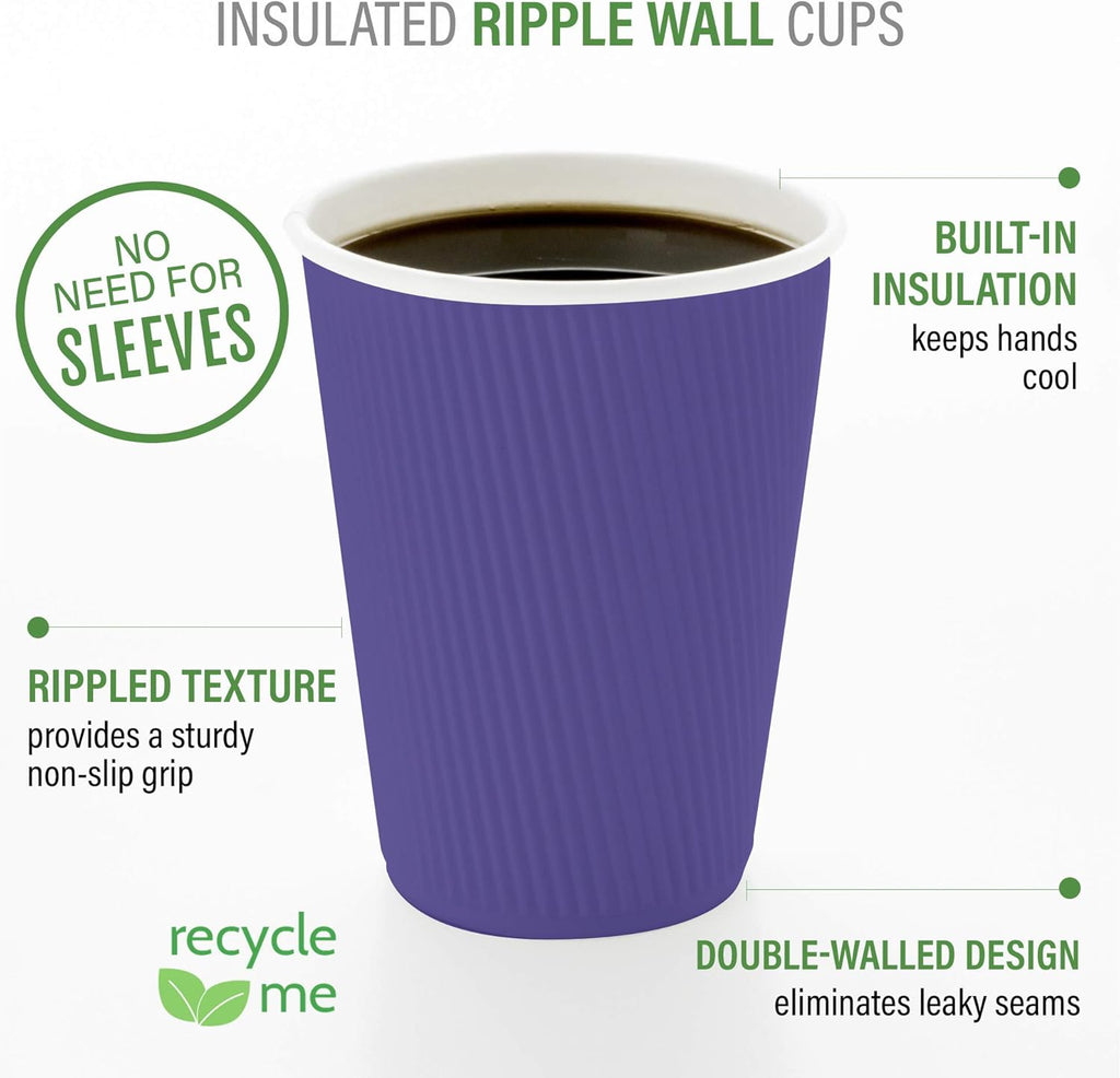 Restaurantware 16 Ounce Ripple Wall Disposable Coffee Cups, 500 Insulated Royal Purple Paper Tumblers with Rolled Rim Design, Lids Sold Separately for Hot Drinks like Tea and More