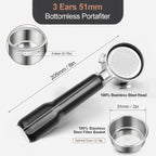 51mm Bottomless Portafilter & Puck Screen, 3-Ear Stainless Head, Compatible with CASABREWS CM5418, 3700Essential, 3700Gense Espresso Machines, Includes 304 Stainless Steel Filter Basket