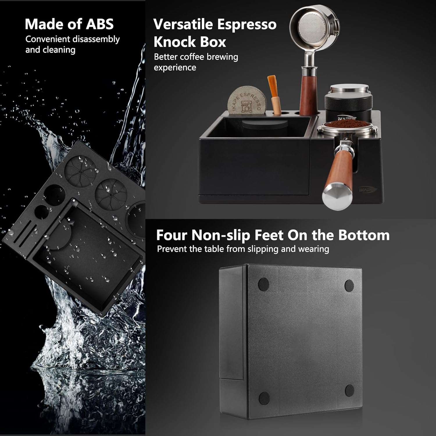 IKAPE Espresso Knock Box, Espresso Coffee Organizer Box Fit for Storage 51, 54, 58MM Espresso Tamper, Distributor, Portafilter & Puck Screen Accessories, Plastic Station Base(Black)