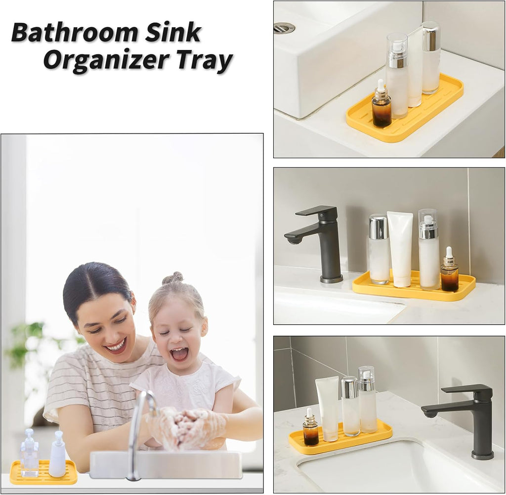 Silicone Kitchen Sink Organizer Tray for Multiple Usage,Easy Clean,Eco-Friendly Sponges Holder for Kitchen Bathroom Counter or Sink,Dish Soap Dispenser,Scrubber,Bottle,Cup Yellow 10”x 5.3”