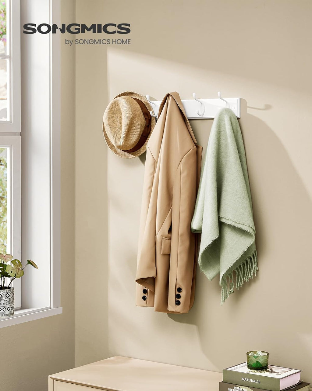 SONGMICS Wall-Mounted Coat Rack, Hook Rack, 5 Dual Metal Hooks, for Coats, Bags, Keys, in The Entryway, Bedroom, Living Room, White ULHR235W01