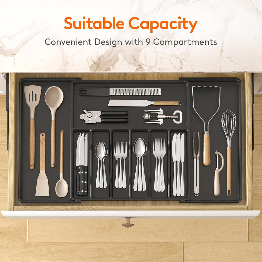 Lifewit Silverware Drawer Organizer, Expandable from 18.7 to 33 inches, Adjustable Utensil Tray for Kitchen, Large Cutlery Holder, Plastic Flatware Storage for Spoons Forks Knives, Black