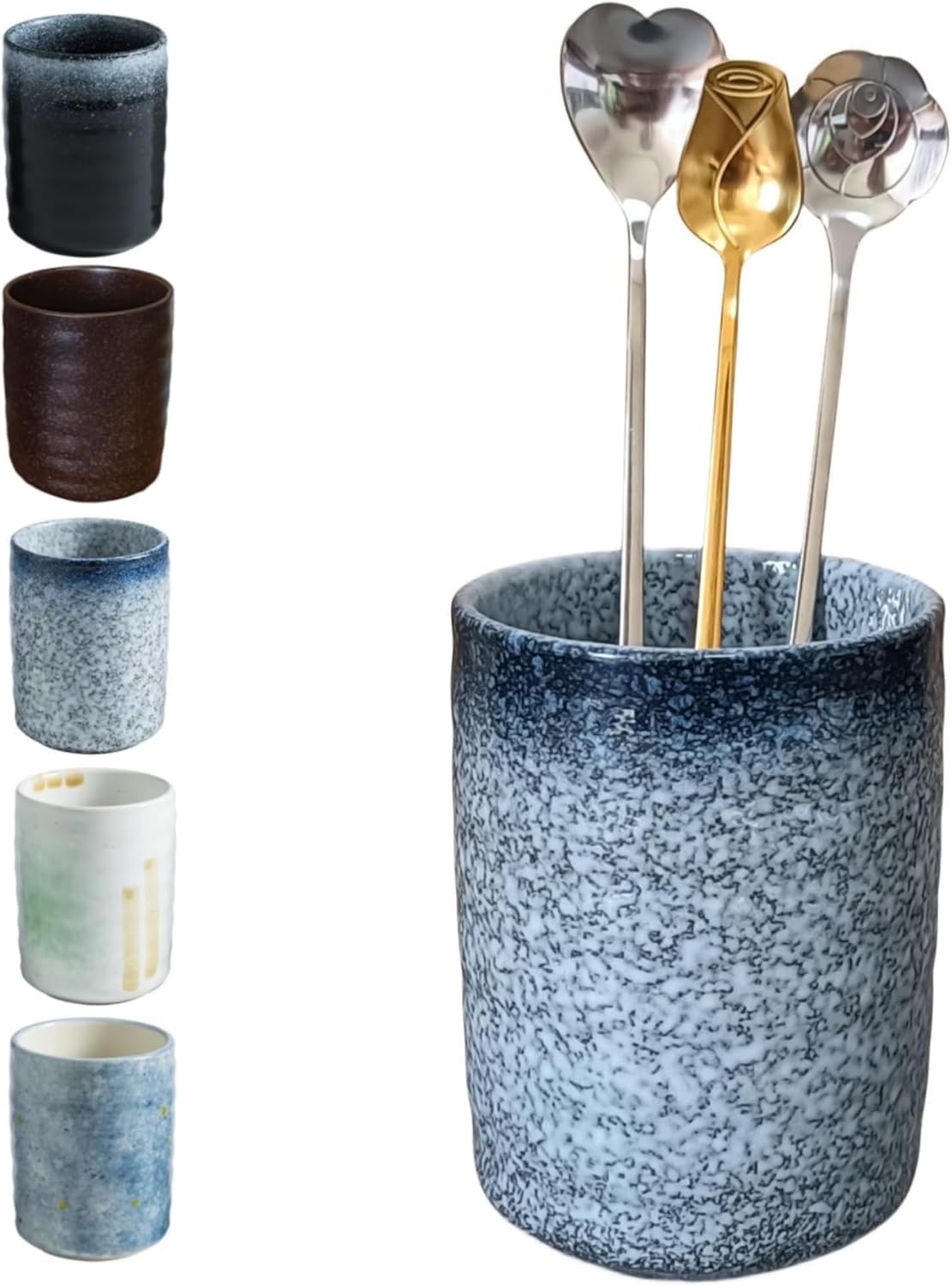 Stoneware Coffee Bar Utensil Holder Tea & Coffee Spoon & Stirrer Holder for Stir Stick Straw Teaspoon Holder Spoon Cup Small Utensil Jar (Stone Blue)