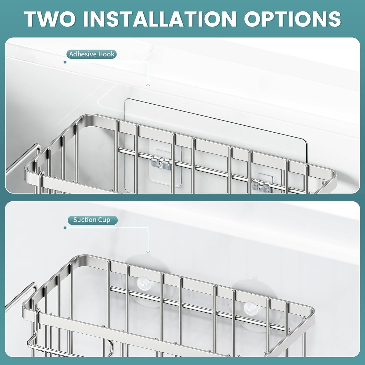 StorageRight 4-in-1 Sponge Holder for Kitchen Sink, Kitchen Organizers and Storage with Adhesive Hook & Suction Cups, Rustproof Sink Caddy for Kitchen Decor, Kitchen Sink Organizer - Silver