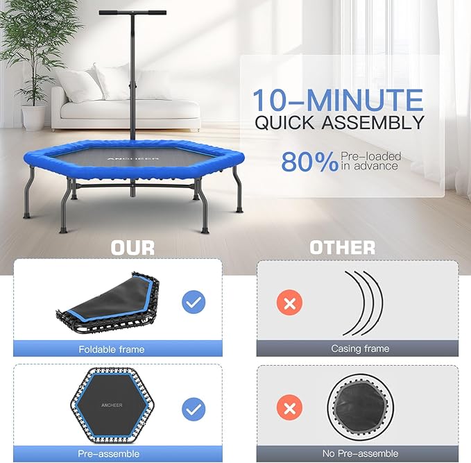 ANCHEER 50" Rebounder Trampoline for Adults With Bar, 550 LBS Mini Trampoline Quiet Exercise Bungee Jumping Cardio Trainer Workout